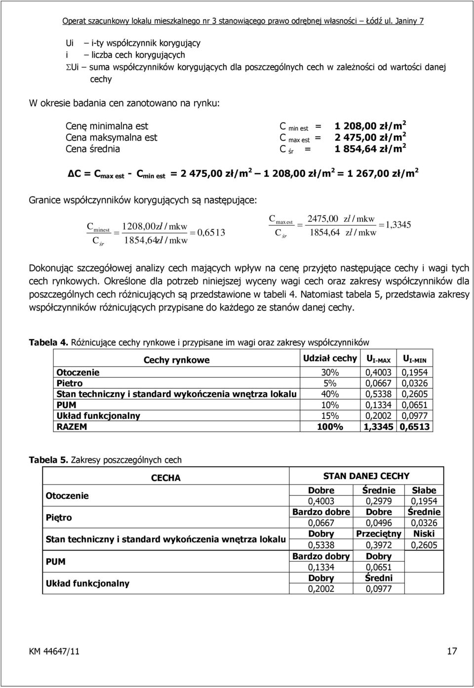 267,00 zł/m 2 Granice współczynników korygujących są następujące: C C minest śr 1208,00zł / mkw 0,6513 1854,64zł / mkw C C max est śr 2475,00 1854,64 zł / mkw 1,3345 zł / mkw Dokonując szczegółowej
