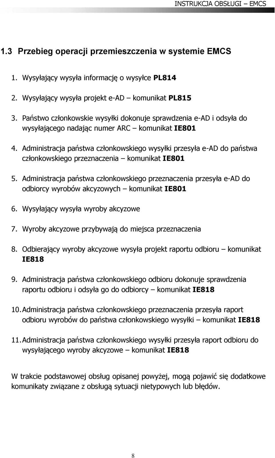 Administracja państwa członkowskiego wysyłki przesyła e-ad do państwa członkowskiego przeznaczenia komunikat IE801 5.