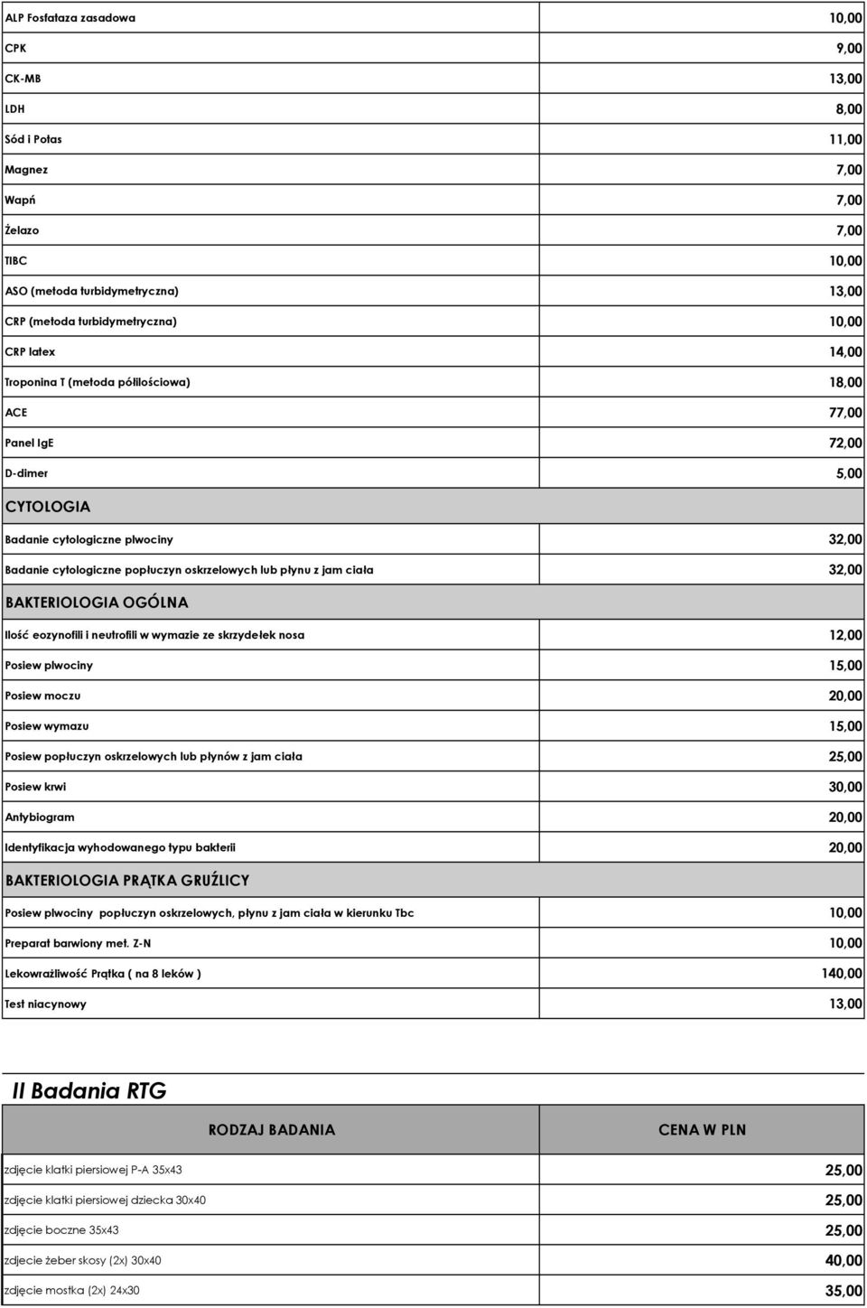 ciała 32,00 BAKTERIOLOGIA OGÓLNA Ilość eozynofili i neutrofili w wymazie ze skrzydełek nosa 12,00 Posiew plwociny 15,00 Posiew moczu 20,00 Posiew wymazu 15,00 Posiew popłuczyn oskrzelowych lub płynów