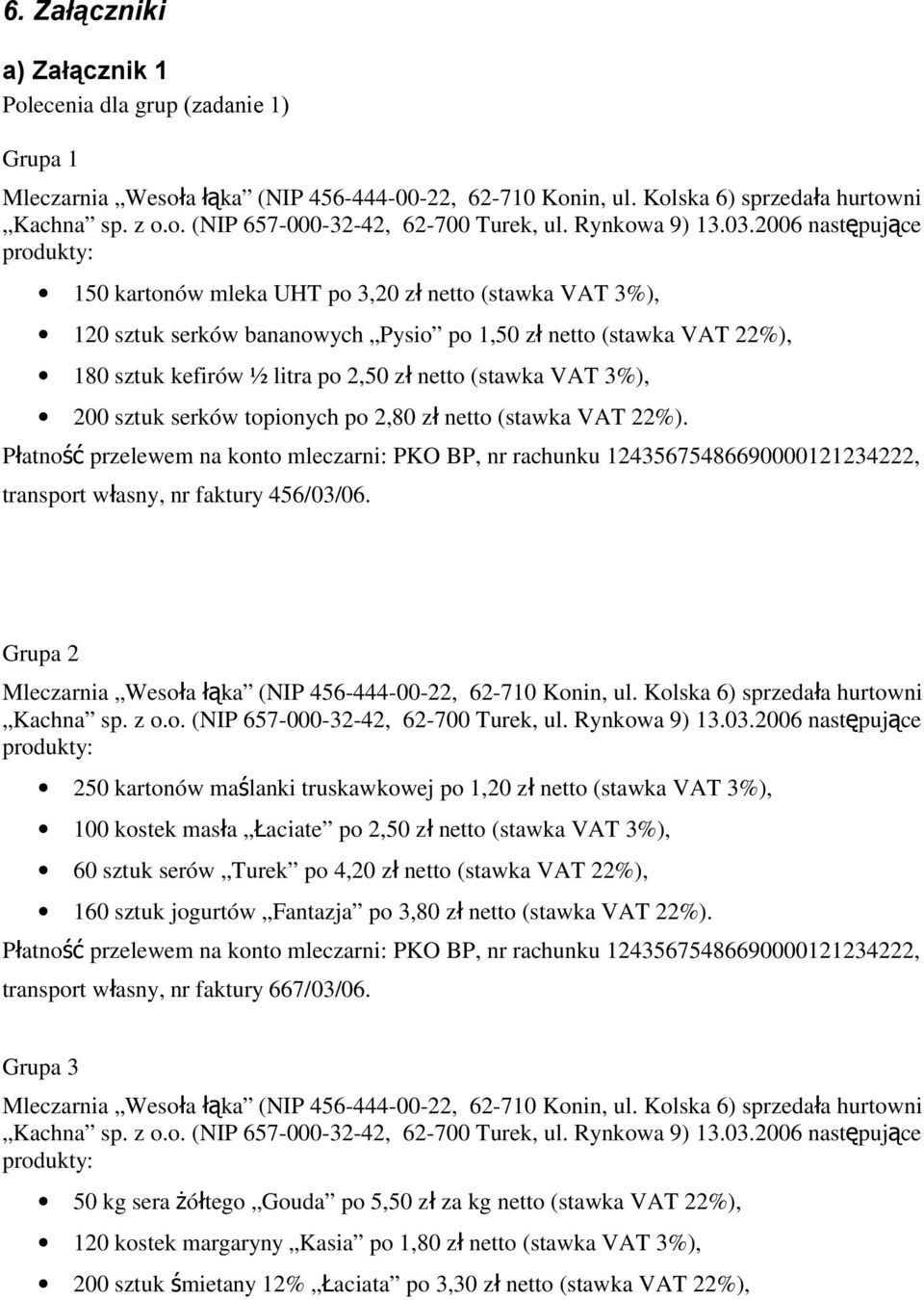 netto (stawka VAT 3%), 200 sztuk serków topionych po 2,80 z ł netto (stawka VAT 22%). transport własny, nr faktury 456/03/06. Grupa 2 Mleczarnia Wesoła łąka (NIP 456-444-00-22, 62-710 Konin, ul.