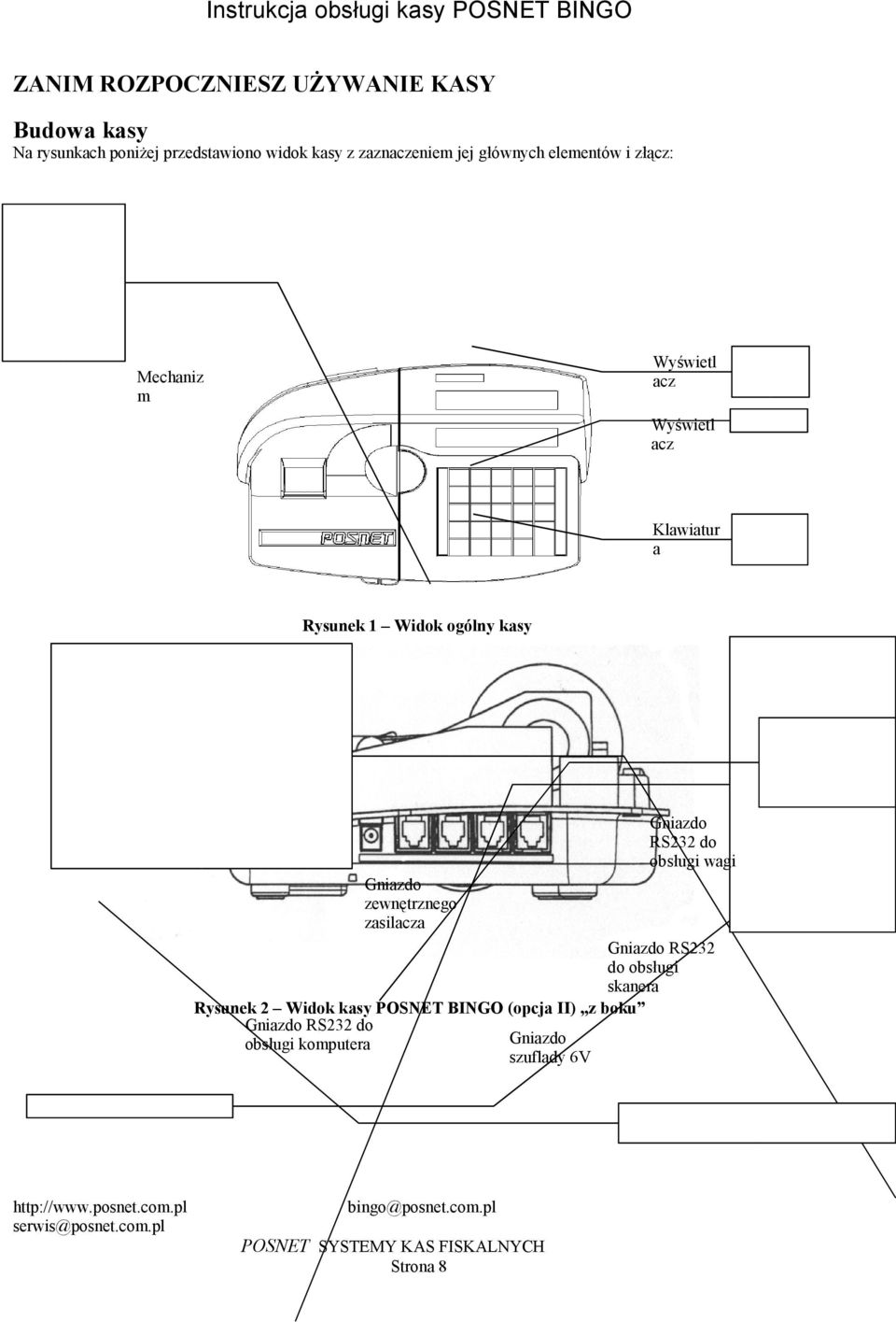 Gniazdo RS232 do obsługi wagi Gniazdo zewnętrznego zasilacza Gniazdo RS232 do obsługi skanera Rysunek 2 Widok kasy POSNET BINGO