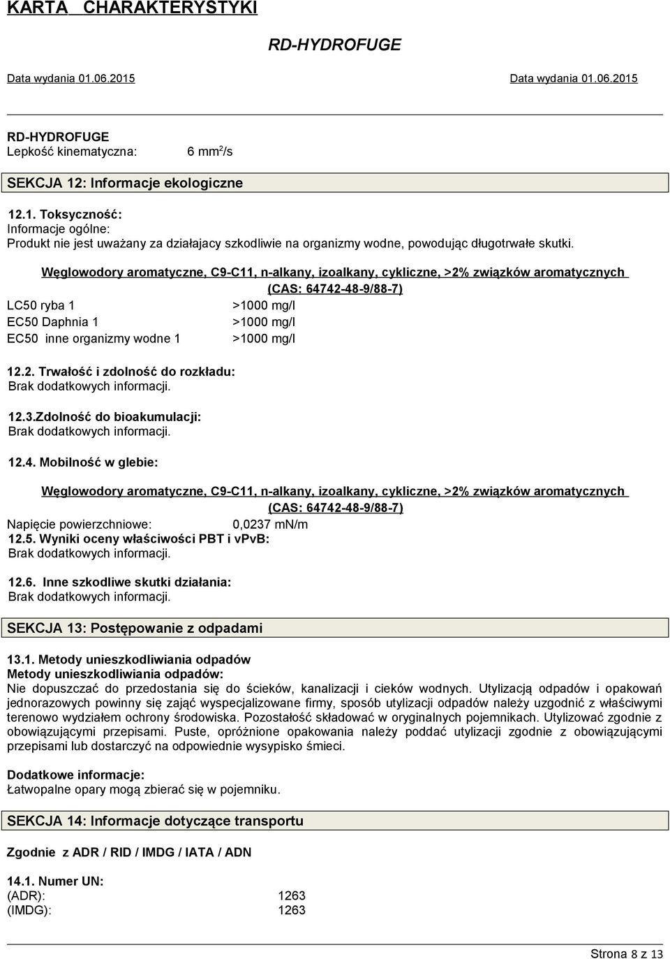 mg/l 12.2. Trwałość i zdolność do rozkładu: 12.3.Zdolność do bioakumulacji: 12.4.