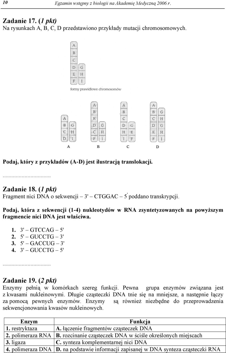 Podaj, która z sekwencji (1-4) nukleotydów w RNA zsyntetyzowanych na powyższym fragmencie nici DNA jest właściwa. 1. 3' GTCCAG 5' 2. 5' GUCCTG 3' 3. 5' GACCUG 3' 4. 3' GUCCTG 5'... Zadanie 19.