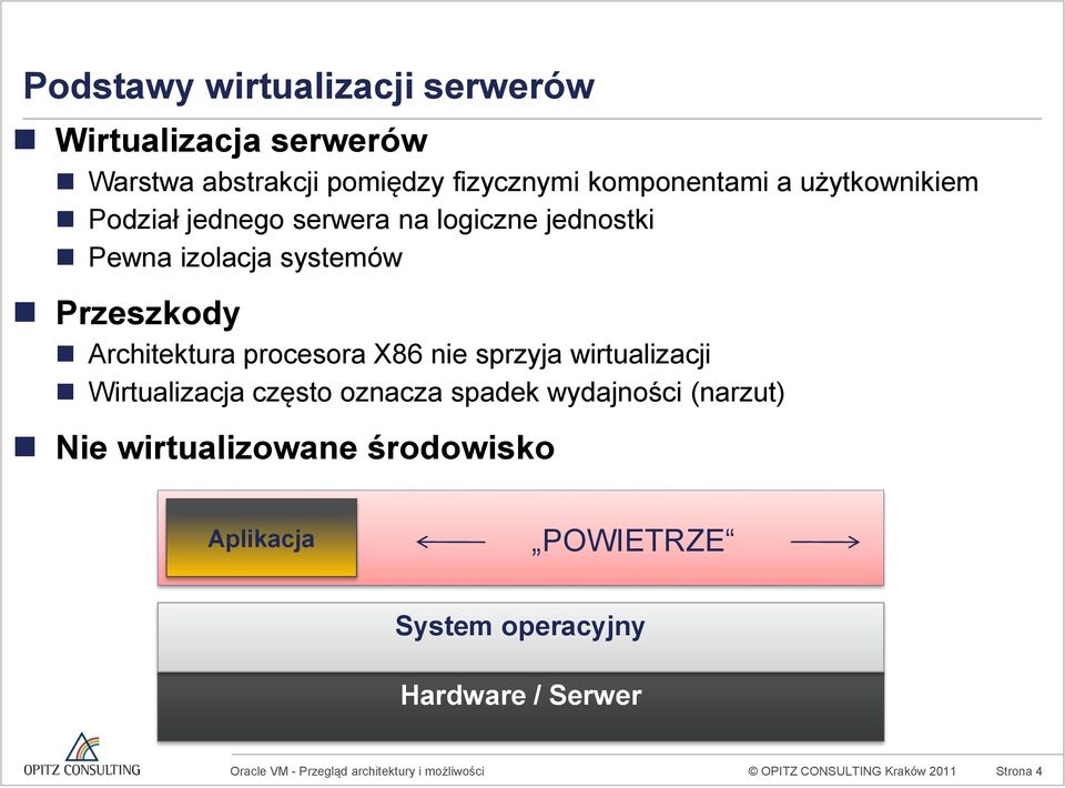 procesora X86 nie sprzyja wirtualizacji Wirtualizacja często oznacza spadek wydajności (narzut) Nie