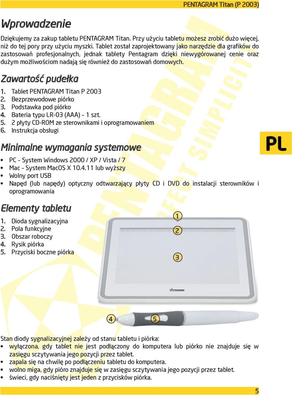 domowych. Zawartość pudełka 1. 2. 3. 4. 5. 6. Tablet PENTAGRAM Titan P 2003 Bezprzewodowe piórko Podstawka pod piórko Bateria typu LR-03 (AAA) 1 szt.
