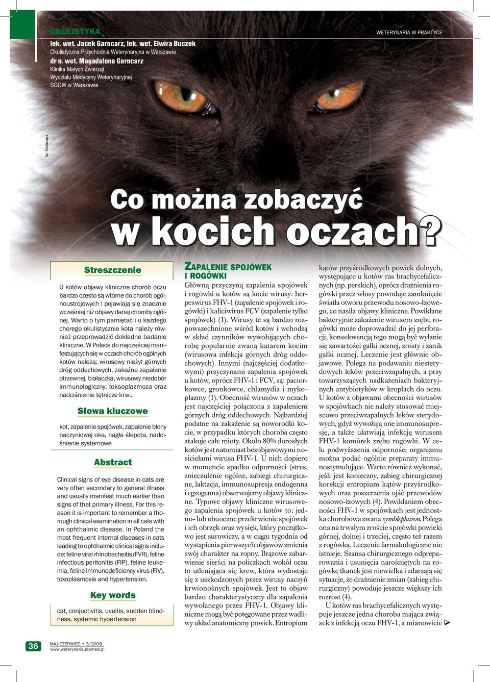 Streszczenie U kotów objawy kliniczne chorób oczu bardzo często są wtórne do chorób ogólnoustrojowych i pojawiają się znacznie wcześniej niż objawy danej choroby ogólnej.