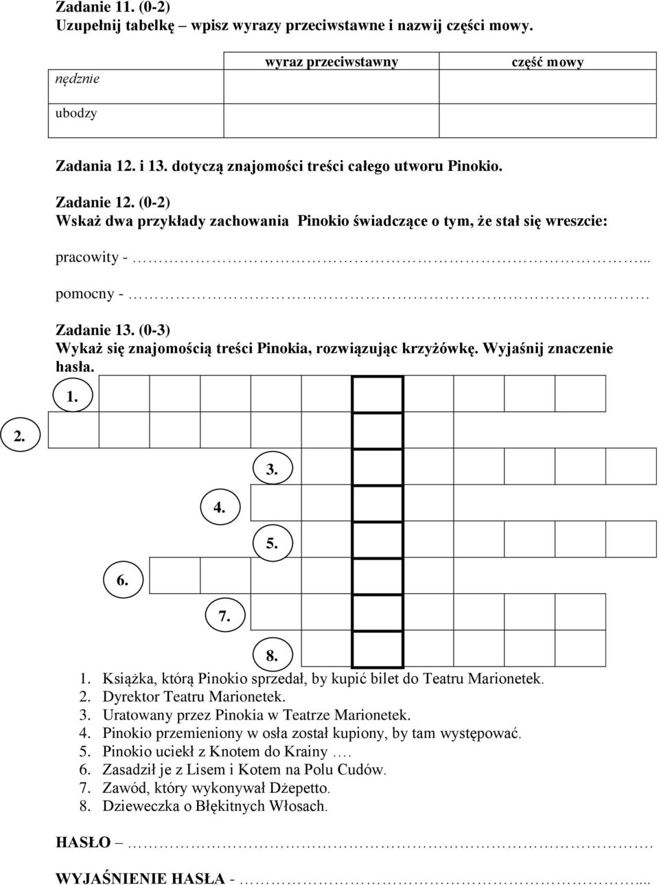 Wyjaśnij znaczenie hasła 2 1 6 4 7 3 5 8 1 Książka, którą Pinokio sprzedał, by kupić bilet do Teatru Marionetek 2 Dyrektor Teatru Marionetek 3 Uratowany przez Pinokia w Teatrze Marionetek 4 Pinokio