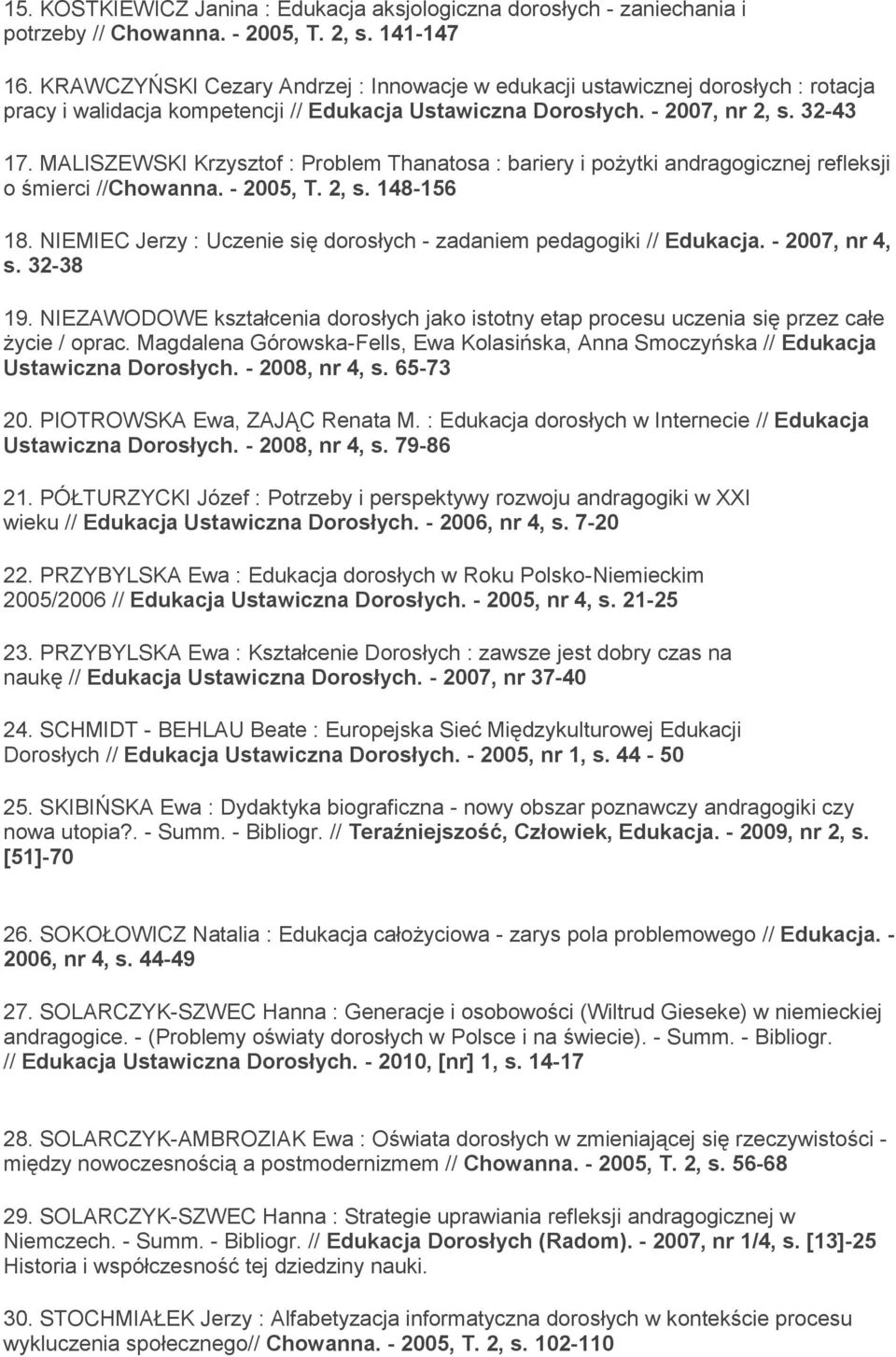 MALISZEWSKI Krzysztof : Problem Thanatosa : bariery i pożytki andragogicznej refleksji o śmierci //Chowanna. - 2005, T. 2, s. 148-156 18.