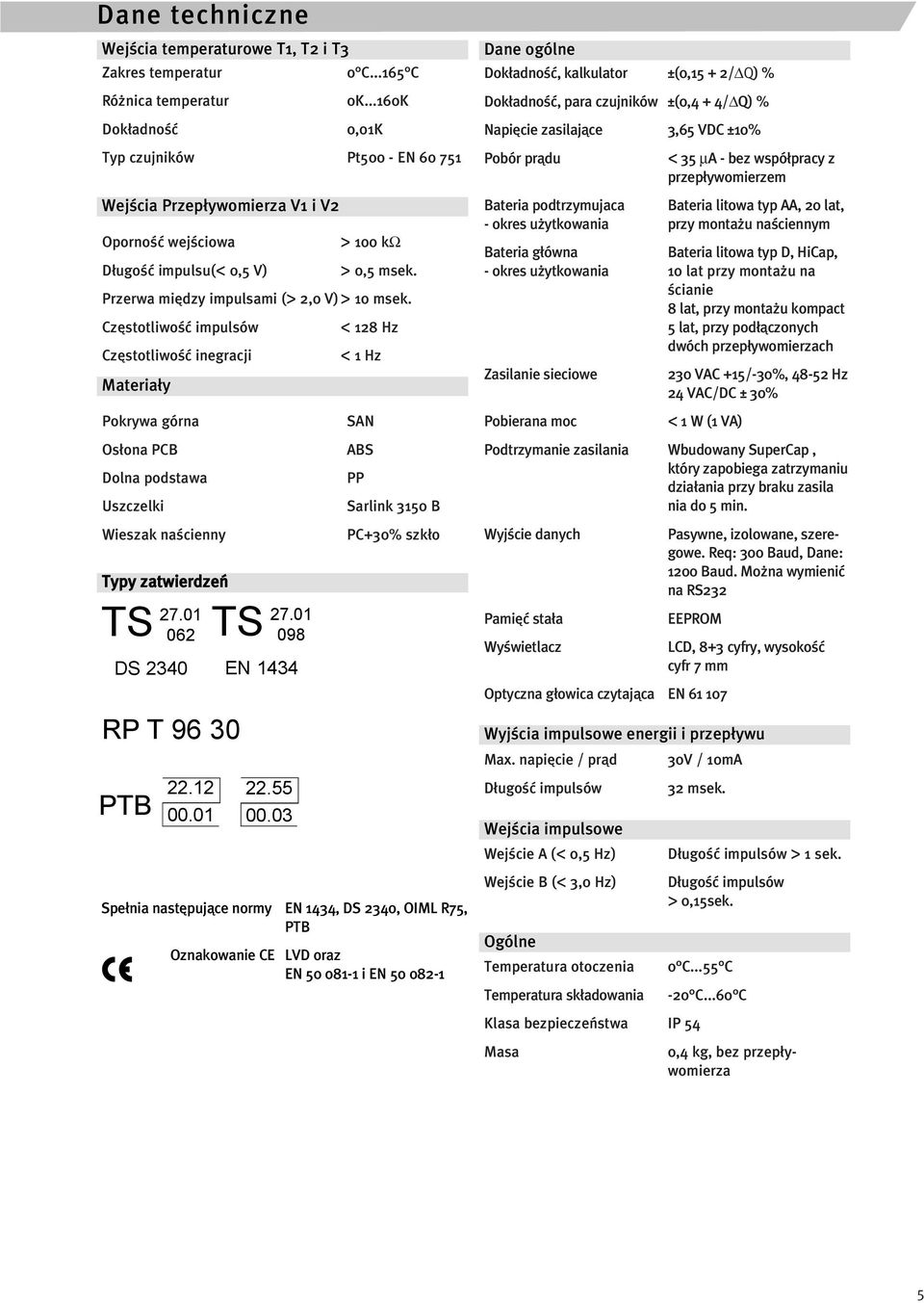 Czêstotliwoœæ impulsów < 128 Hz Czêstotliwoœæ inegracji < 1 Hz Materia³y Pokrywa górna Os³ona PCB Dolna podstawa Uszczelki Wieszak naœcienny Typy zatwierdzeñ TS 27.01 062 TS 27.