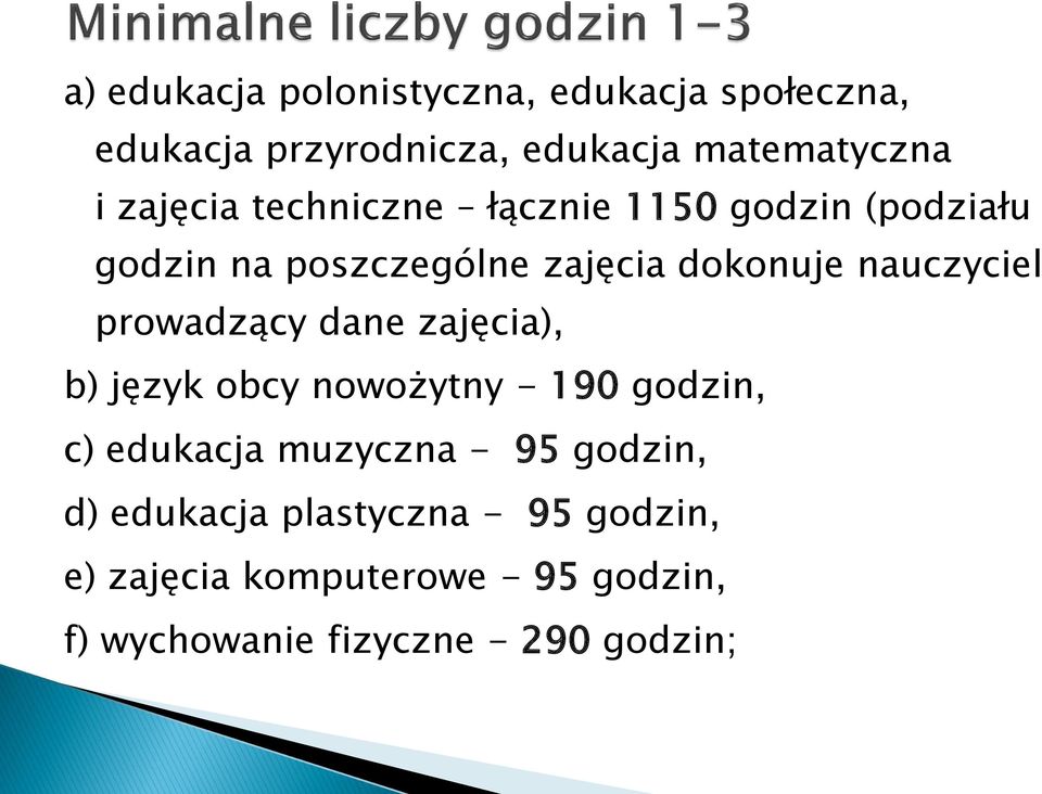 prowadzący dane zajęcia), b) język obcy nowożytny - 190 godzin, c) edukacja muzyczna - 95 godzin,