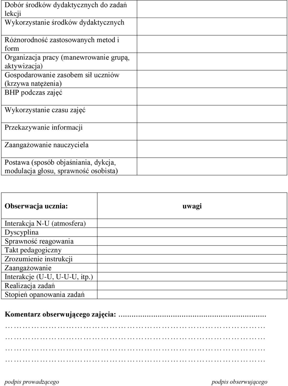 (sposób objaśniania, dykcja, modulacja głosu, sprawność osobista) Obserwacja ucznia: uwagi Interakcja N-U (atmosfera) Dyscyplina Sprawność reagowania Takt pedagogiczny