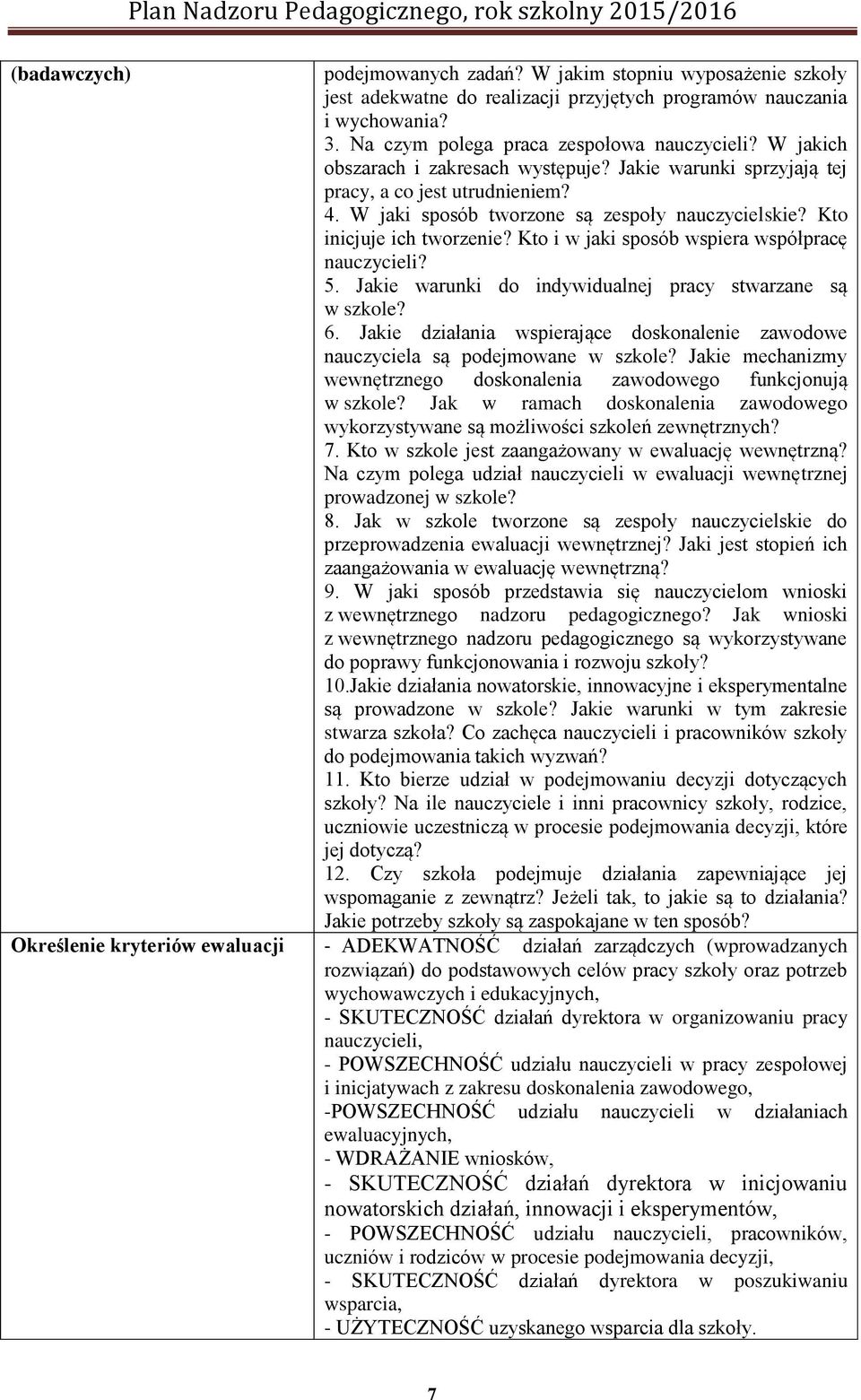 Kto i w jaki sposób wspiera współpracę nauczycieli? 5. Jakie warunki do indywidualnej pracy stwarzane są w szkole? 6.