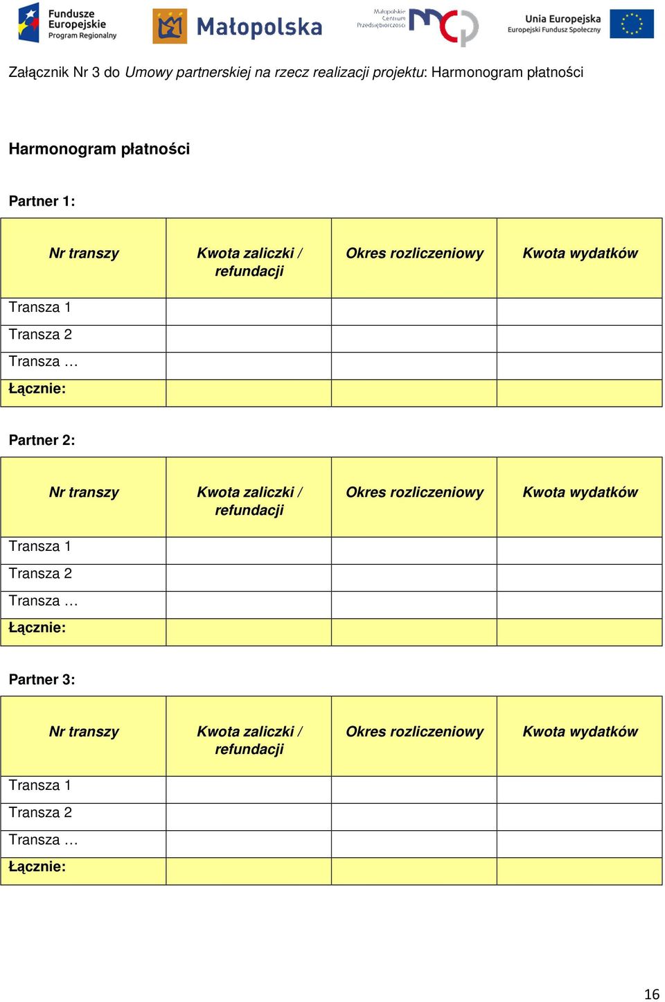 Partner 2: Transza 1 Transza 2 Transza Łącznie: Nr transzy Kwota zaliczki / refundacji Okres rozliczeniowy Kwota