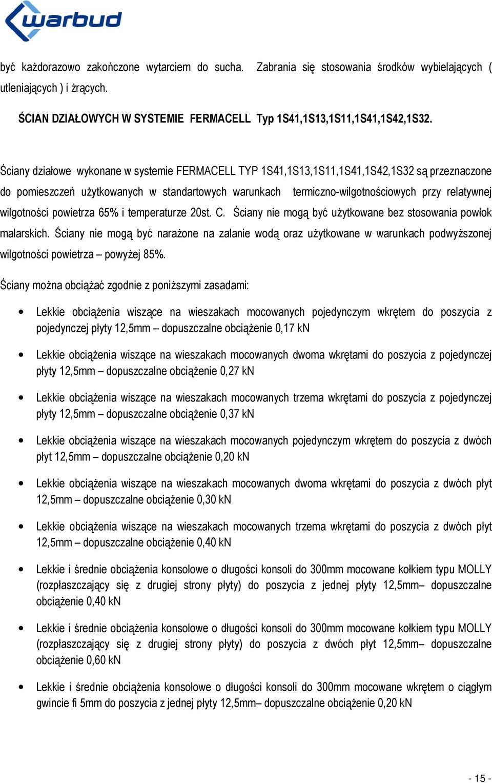 wilgotności powietrza 65% i temperaturze 20st. C. Ściany nie mogą być użytkowane bez stosowania powłok malarskich.