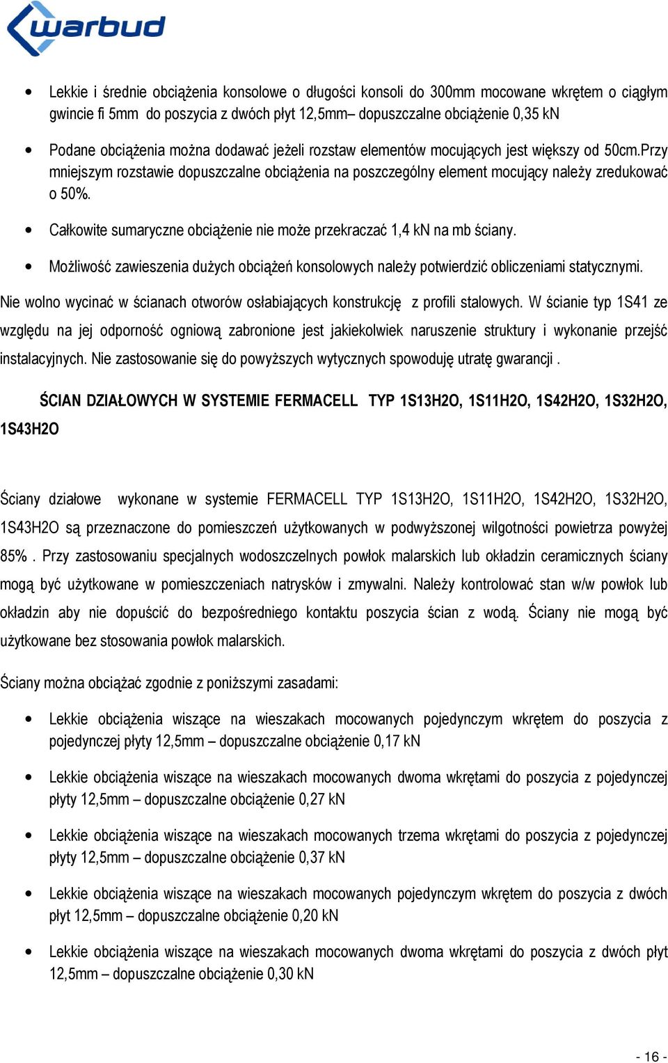 Całkowite sumaryczne obciążenie nie może przekraczać 1,4 kn na mb ściany. Możliwość zawieszenia dużych obciążeń konsolowych należy potwierdzić obliczeniami statycznymi.