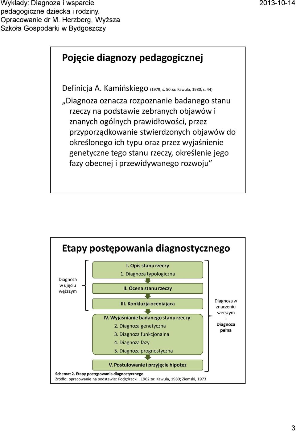 przez wyjaśnienie genetyczne tego stanu rzeczy, określenie jego fazy obecnej i przewidywanego rozwoju Diagnoza w ujęciu węższym I. Opis stanu rzeczy 1. Diagnoza typologiczna II.