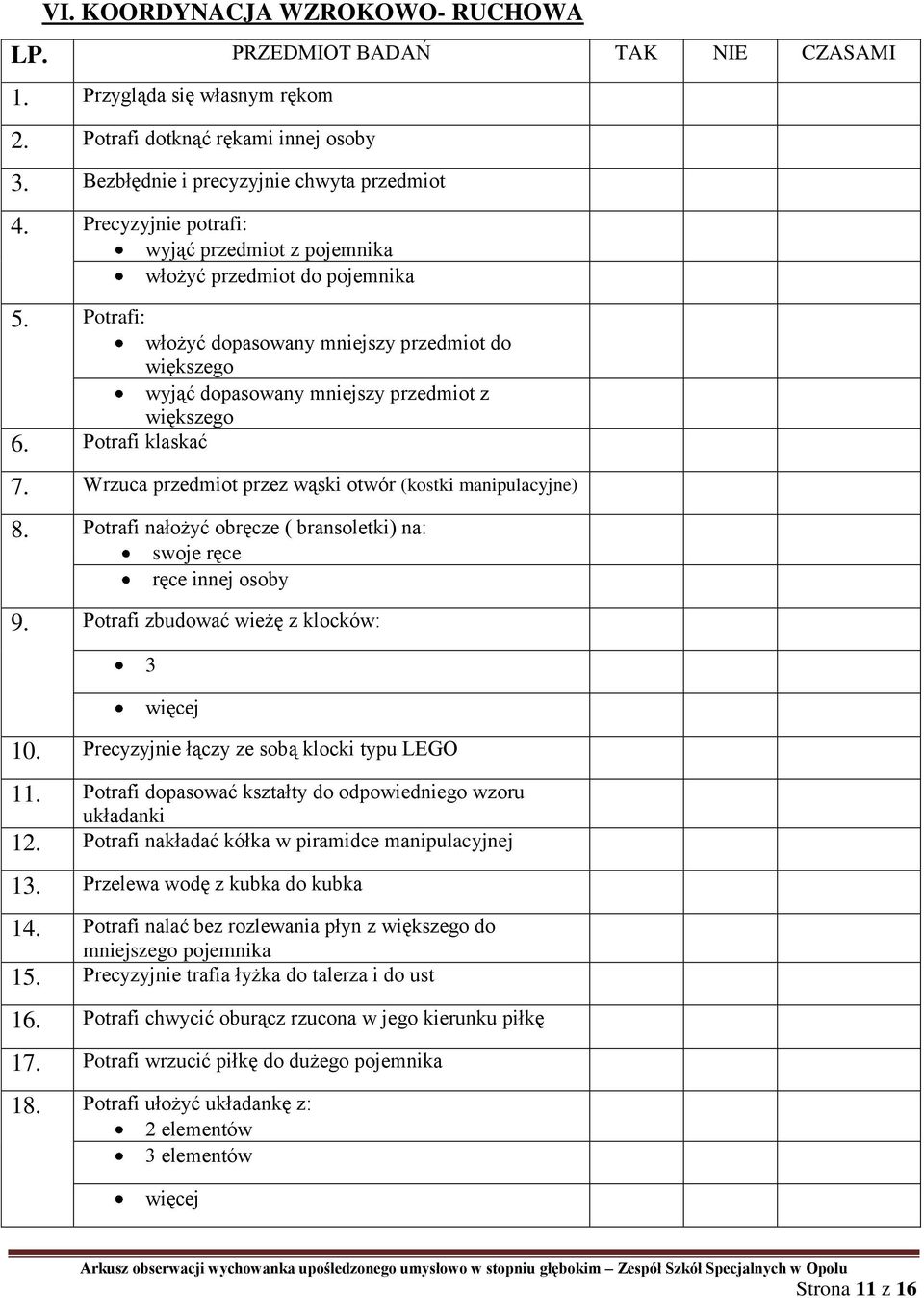 Potrafi klaskać 7. Wrzuca przedmiot przez wąski otwór (kostki manipulacyjne) 8. Potrafi nałożyć obręcze ( bransoletki) na: swoje ręce ręce innej osoby 9. Potrafi zbudować wieżę z klocków: 3 więcej 10.