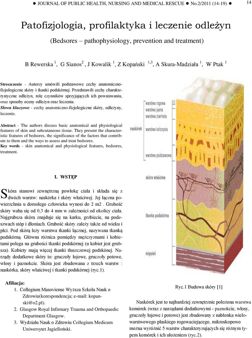 1, W Ptak 1 Streszczenie - Autorzy umówili podstawowe cechy anatomicznofizjologiczne skóry i tkanki podskórnej.