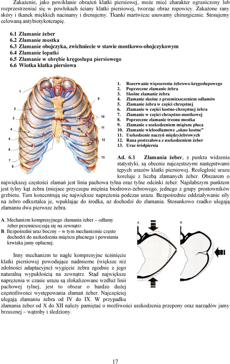 3 Złamanie obojczyka, zwichniecie w stawie mostkowo-obojczykowym 6.4 Złamanie łopatki 6.5 Złamanie w obrębie kręgosłupa piersiowego 6.6 Wiotka klatka piersiowa 1.