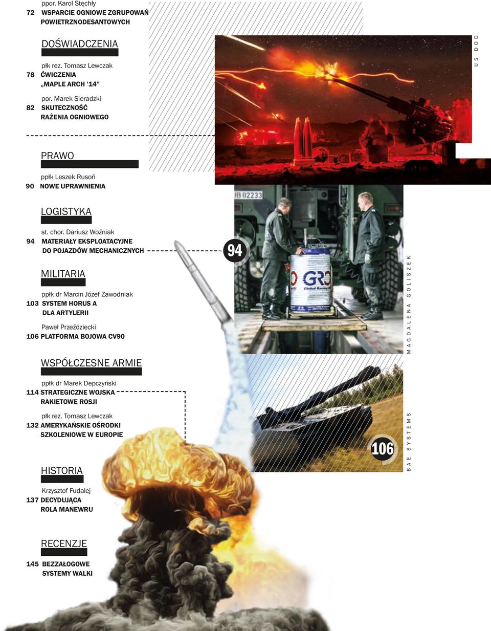 Dariusz Woźniak 94 MATERIAŁY EKSPLOATACYJNE DO POJAZDÓW MECHANICZNYCH MILITARIA ppłk dr Marcin Józef Zawodniak 103 SYSTEM HORUS A DLA ARTYLERII Paweł Przeździecki 106 PLATFORMA BOJOWA