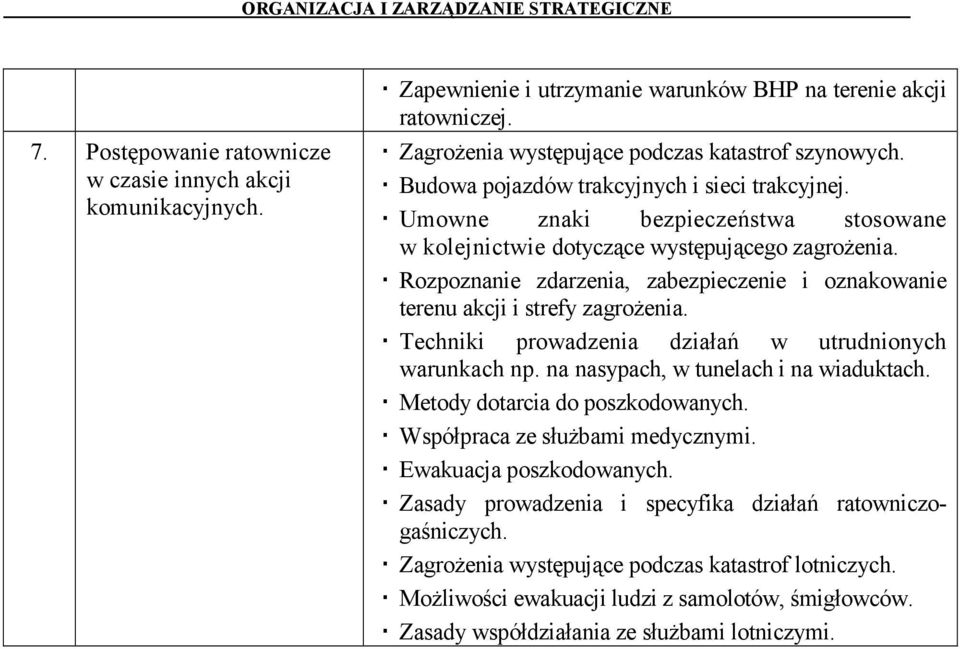 Rozpoznanie zdarzenia, zabezpieczenie i oznakowanie terenu akcji i strefy zagrożenia. Techniki prowadzenia działań w utrudnionych warunkach np. na nasypach, w tunelach i na wiaduktach.