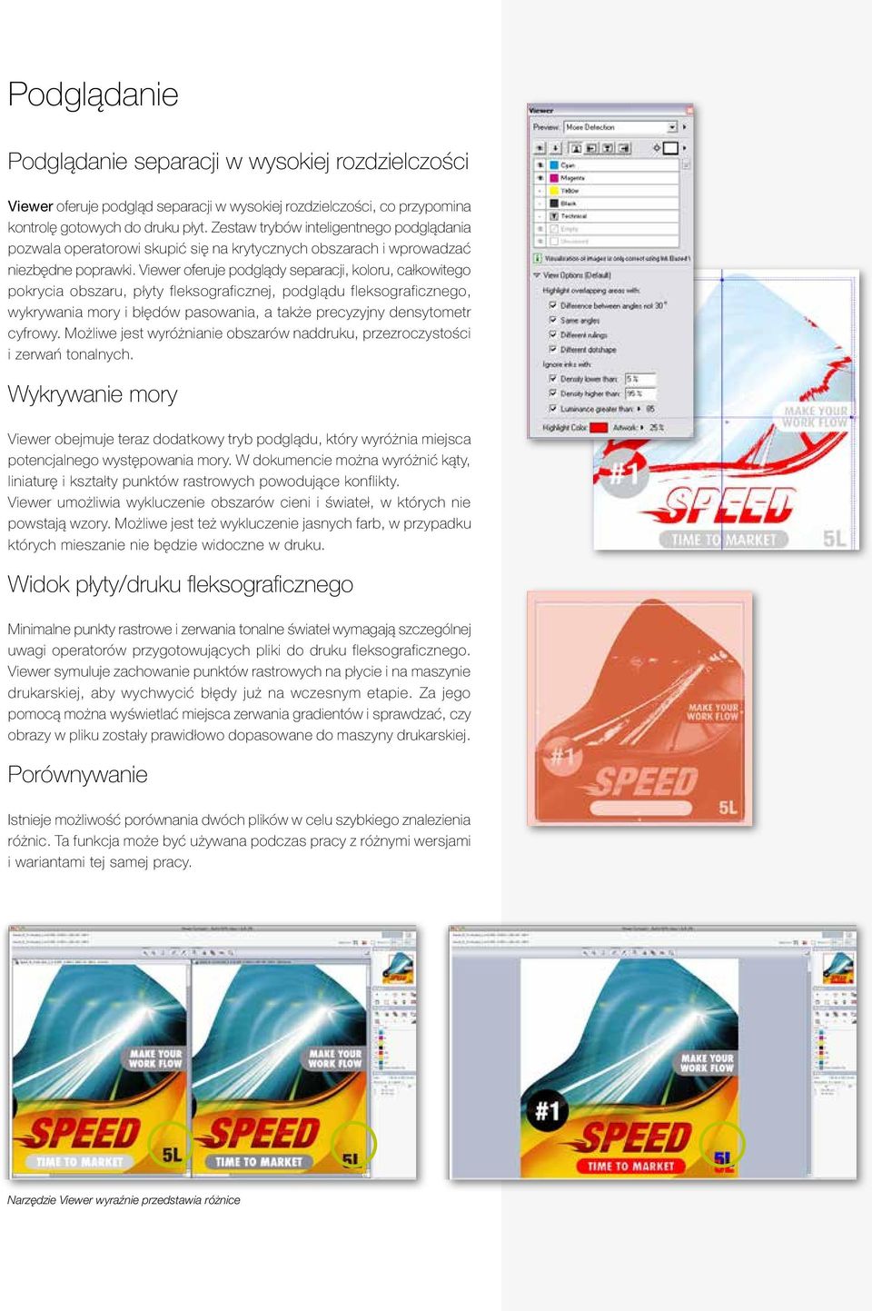 Viewer oferuje podglądy separacji, koloru, całkowitego pokrycia obszaru, płyty fleksograficznej, podglądu fleksograficznego, wykrywania mory i błędów pasowania, a także precyzyjny densytometr cyfrowy.