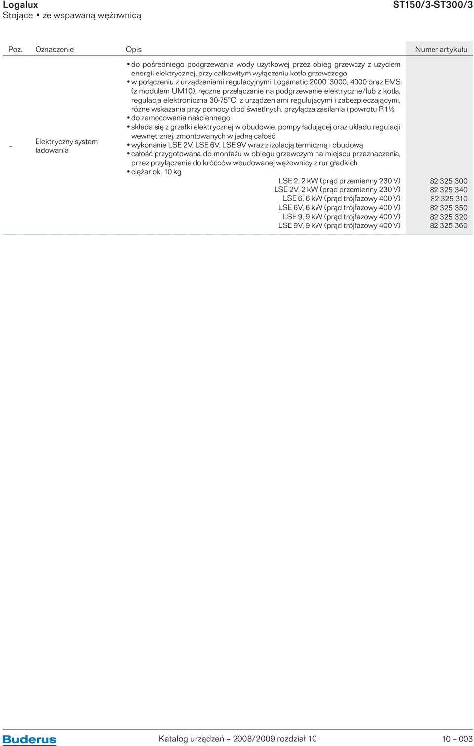 w połączeniu z urządzeniami regulacyjnymi Logamatic 2000, 3000, 4000 oraz EMS (z modułem UM10), ręczne przełączanie na podgrzewanie elektryczne/lub z kotła, regulacja elektroniczna 30-75 C, z