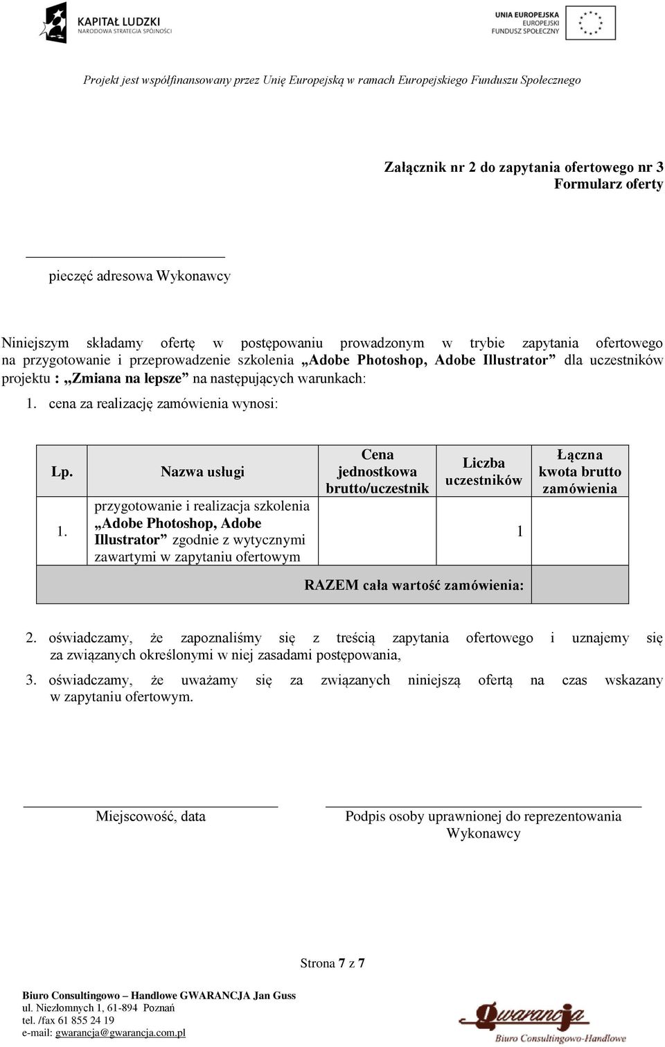 cena za realizację zamówienia wynosi: Lp. 1.