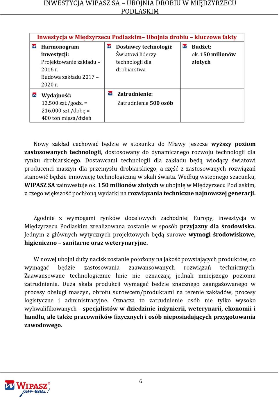 150 milionów złotych Nowy zakład cechować będzie w stosunku do Mławy jeszcze wyższy poziom zastosowanych technologii, dostosowany do dynamicznego rozwoju technologii dla rynku drobiarskiego.