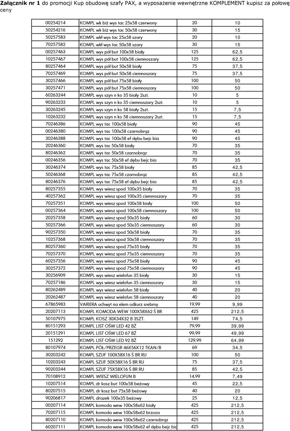 37,5 30257466 KOMPL wys pół but 75x58 biały 100 50 30257471 KOMPL wys pół but 75x58 ciemnoszary 100 50 60263244 KOMPL wys szyn n ko 35 biały 2szt.