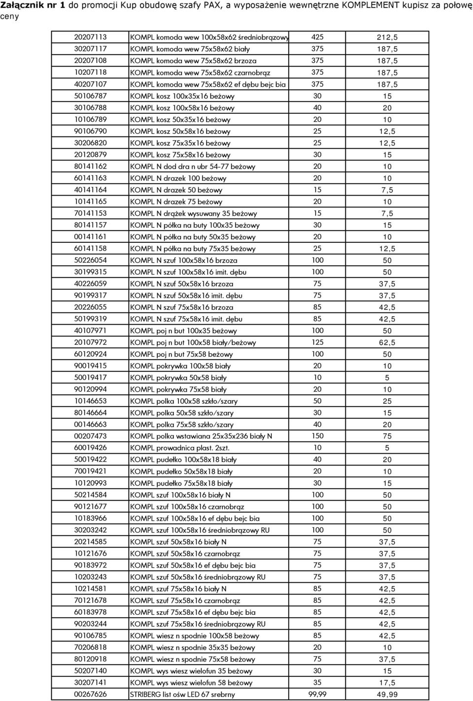 beżowy 20 10 90106790 KOMPL kosz 50x58x16 beżowy 25 12,5 30206820 KOMPL kosz 75x35x16 beżowy 25 12,5 20120879 KOMPL kosz 75x58x16 beżowy 30 15 80141162 KOMPL N dod dra n ubr 54-77 beżowy 20 10