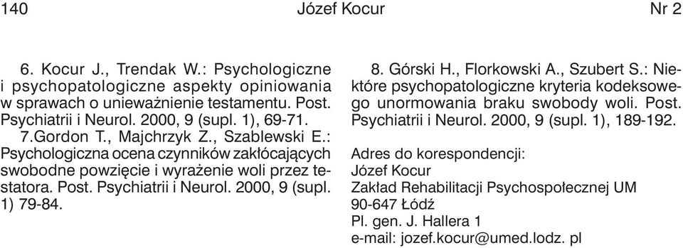 Psychiatrii i Neurol. 2000, 9 (supl. 1) 79-84. 8. Górski H., Florkowski A., Szubert S.: Niektóre psychopatologiczne kryteria kodeksowego unormowania braku swobody woli. Post.
