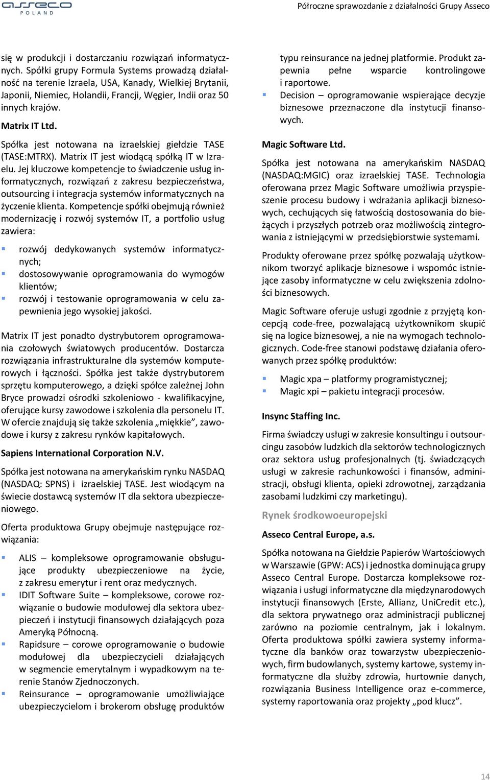 Spółka jest notowana na izraelskiej giełdzie TASE (TASE:MTRX). Matrix IT jest wiodącą spółką IT w Izraelu.