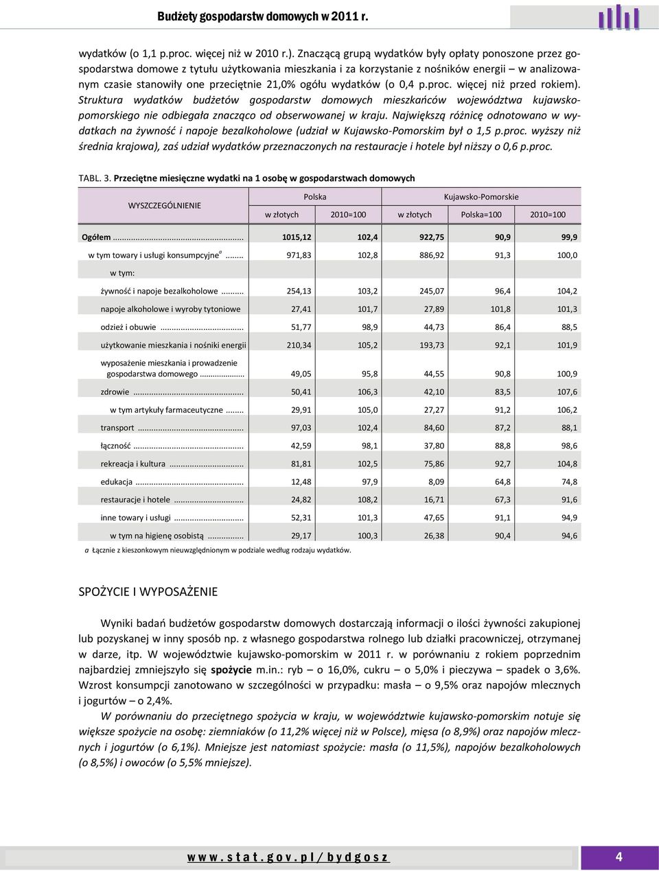 wydatków (o 0,4 p.proc. więcej niż przed rokiem). Struktura wydatków budżetów gospodarstw domowych mieszkańców województwa kujawskopomorskiego nie odbiegała znacząco od obserwowanej w kraju.