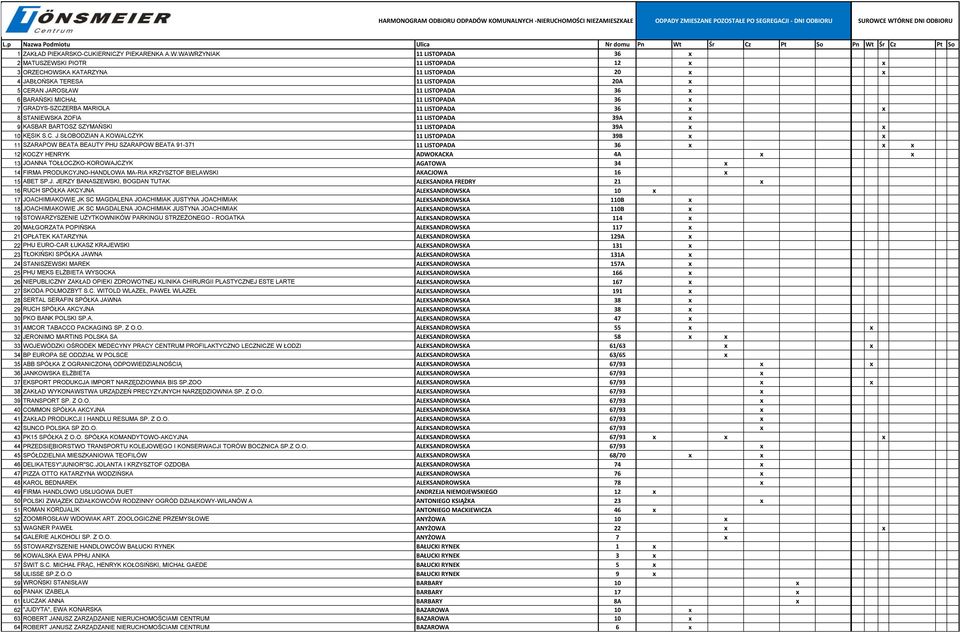 MICHAŁ 11 LISTOPADA 36 x 7 GRADYS-SZCZERBA MARIOLA 11 LISTOPADA 36 x x 8 STANIEWSKA ZOFIA 11 LISTOPADA 39A x 9 KASBAR BARTOSZ SZYMAŃSKI 11 LISTOPADA 39A x x 10 KĘSIK S.C. J.SŁOBODZIAN A.