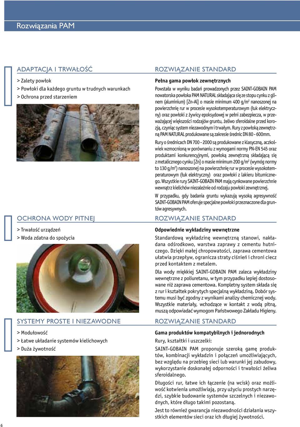 SAINT-GOBAIN PAM nowatorska powłoka PAM NATURAL składająca się ze stopu cynku z glinem (aluminium) [Zn-Al] o masie minimum 400 g/m 2 nanoszonej na powierzchnię rur w procesie wysokotemperaturowym