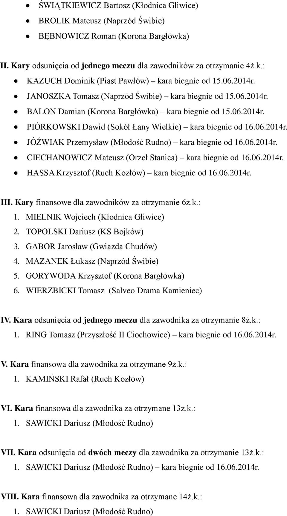 06.2014r. CIECHANOWICZ Mateusz (Orzeł Stanica) kara biegnie od 16.06.2014r. HASSA Krzysztof (Ruch Kozłów) kara biegnie od 16.06.2014r. III. Kary finansowe dla zawodników za otrzymanie 6ż.k.: 1.