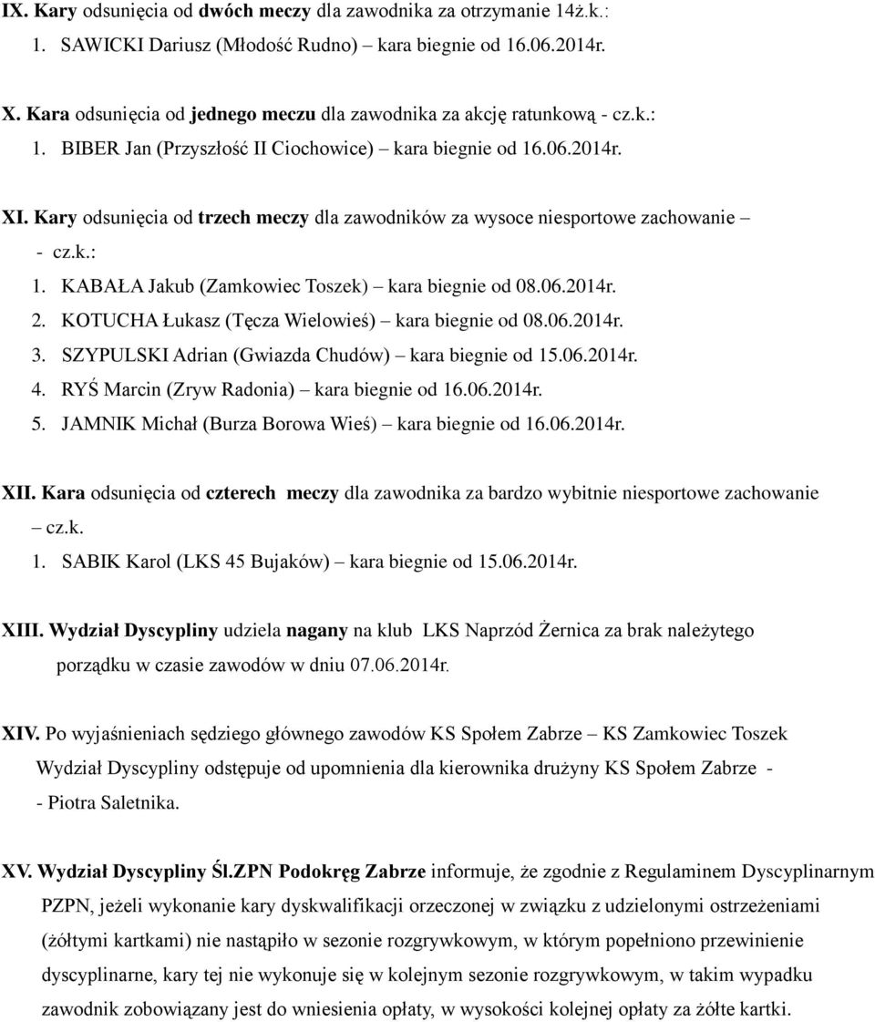 Kary odsunięcia od trzech meczy dla zawodników za wysoce niesportowe zachowanie - cz.k.: 1. KABAŁA Jakub (Zamkowiec Toszek) kara biegnie od 08.06.2014r. 2.