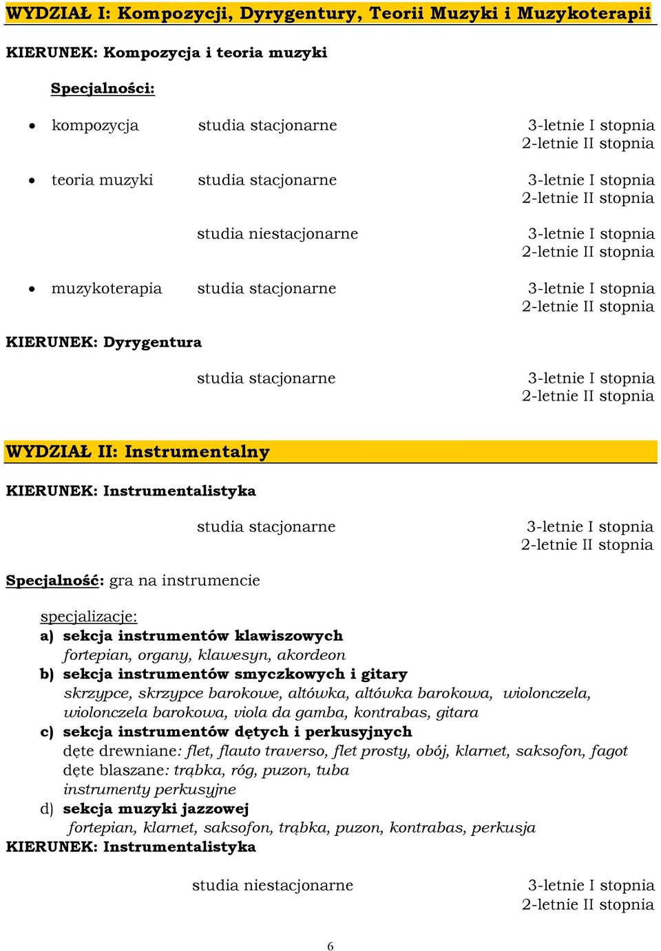 KIERUNEK: Dyrygentura studia stacjonarne 3-letnie I stopnia 2-letnie II stopnia WYDZIAŁ II: Instrumentalny KIERUNEK: Instrumentalistyka studia stacjonarne 3-letnie I stopnia 2-letnie II stopnia