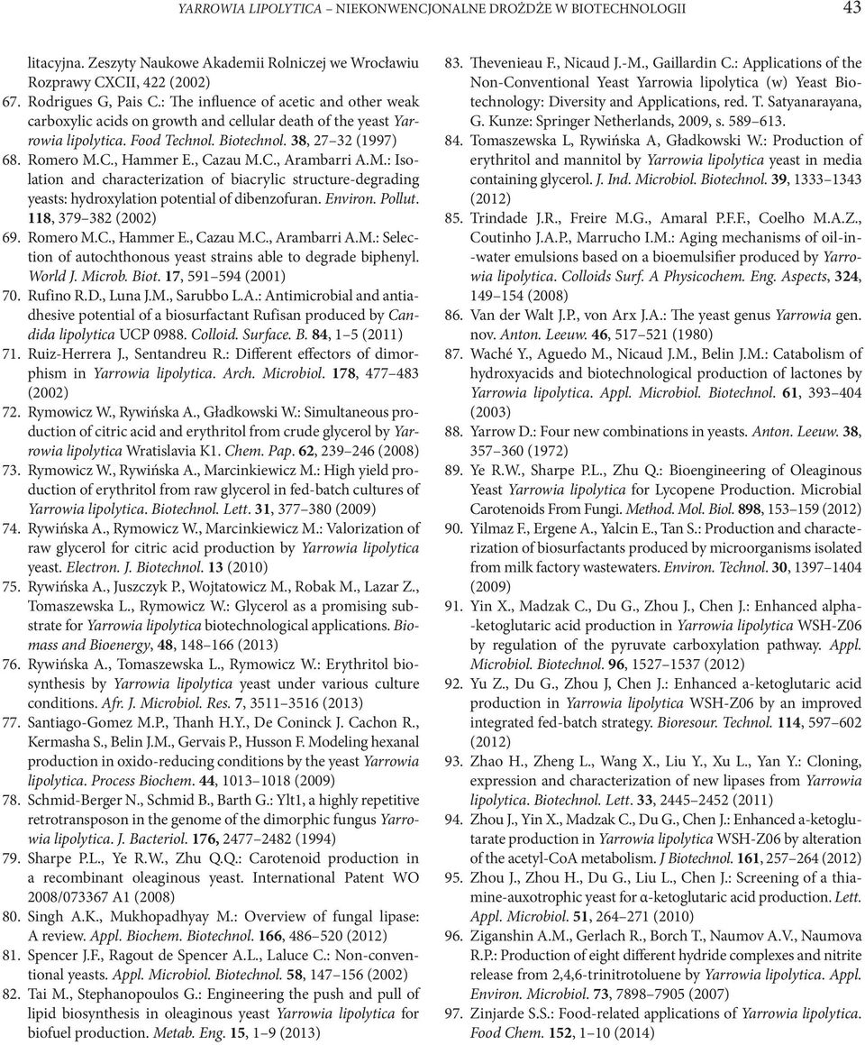 C., Arambarri A.M.: Isolation and characterization of biacrylic structure-degrading yeasts: hydroxylation potential of dibenzofuran. Environ. Pollut. 118, 379 382 (2002) 69. Romero M.C., Hammer E.