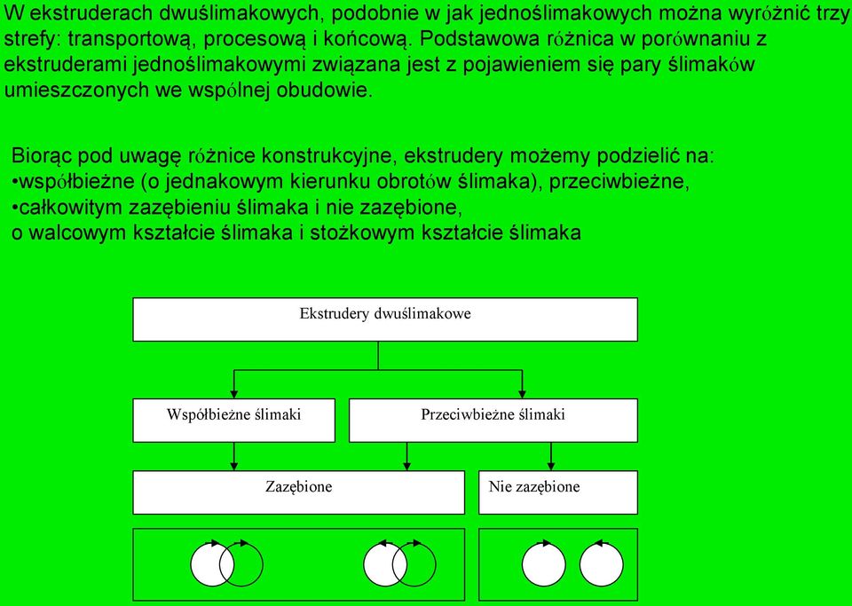 Biorąc pod uwagę różnice konstrukcyjne, ekstrudery możemy podzielić na: współbieżne (o jednakowym kierunku obrotów ślimaka), przeciwbieżne, całkowitym