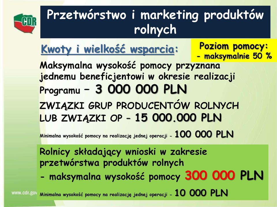 000 PLN Minimalna wysokość pomocy na realizację jednej operacji - 100 000 PLN Rolnicy składający wnioski w zakresie przetwórstwa