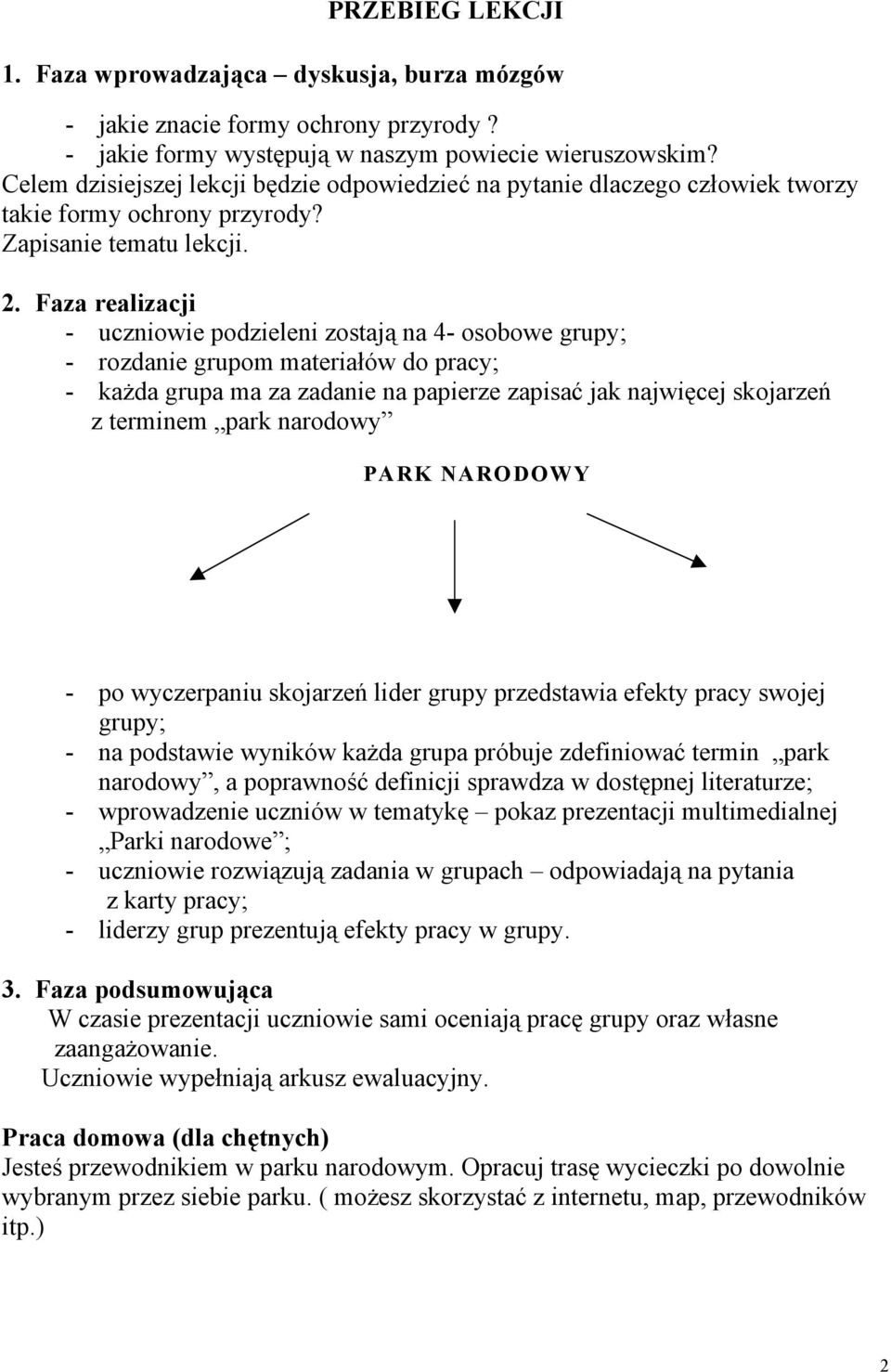 Faza realizacji - uczniowie podzieleni zostają na 4- osobowe grupy; - rozdanie grupom materiałów do pracy; - każda grupa ma za zadanie na papierze zapisać jak najwięcej skojarzeń z terminem park