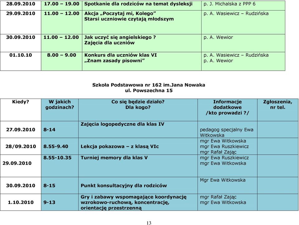jana Nowaka ul. Powszechna 15 Zajęcia logopedyczne dla klas IV 27.09.2010 8-14 pedagog specjalny Ewa Witkowska 28/09.2010 8.55-9.