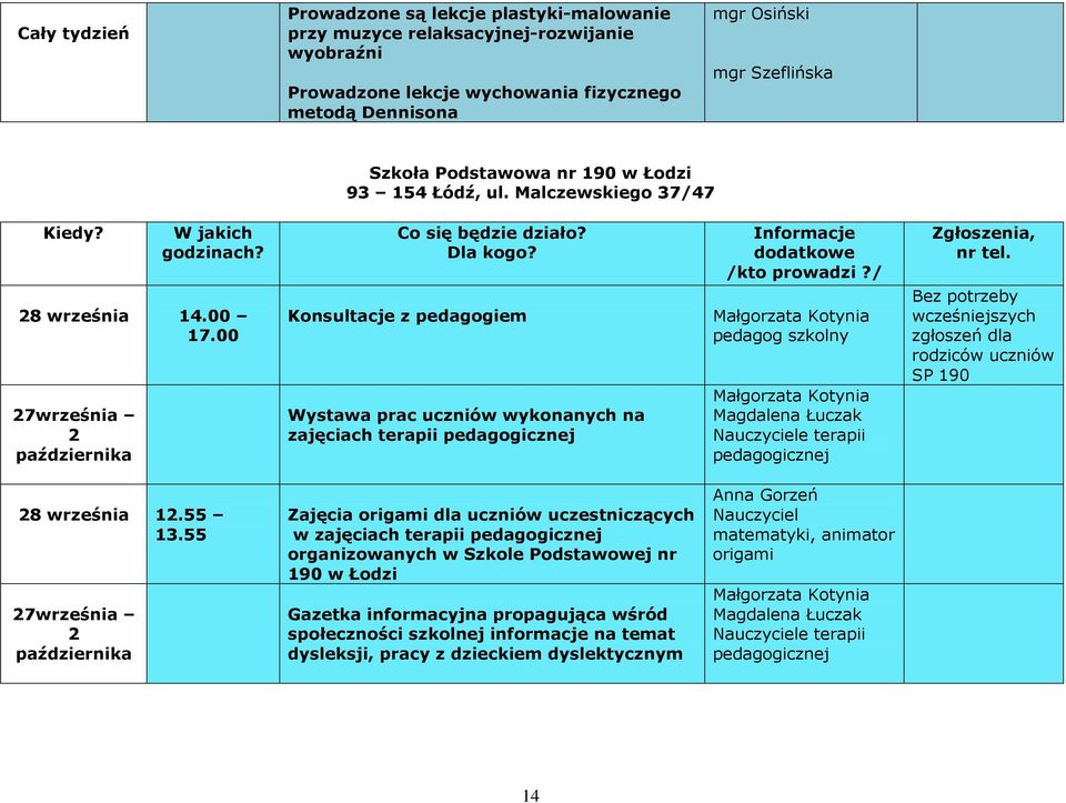 00 27września 2 października Konsultacje z pedagogiem Wystawa prac uczniów wykonanych na zajęciach terapii pedagogicznej Małgorzata Kotynia pedagog szkolny Małgorzata Kotynia Magdalena Łuczak
