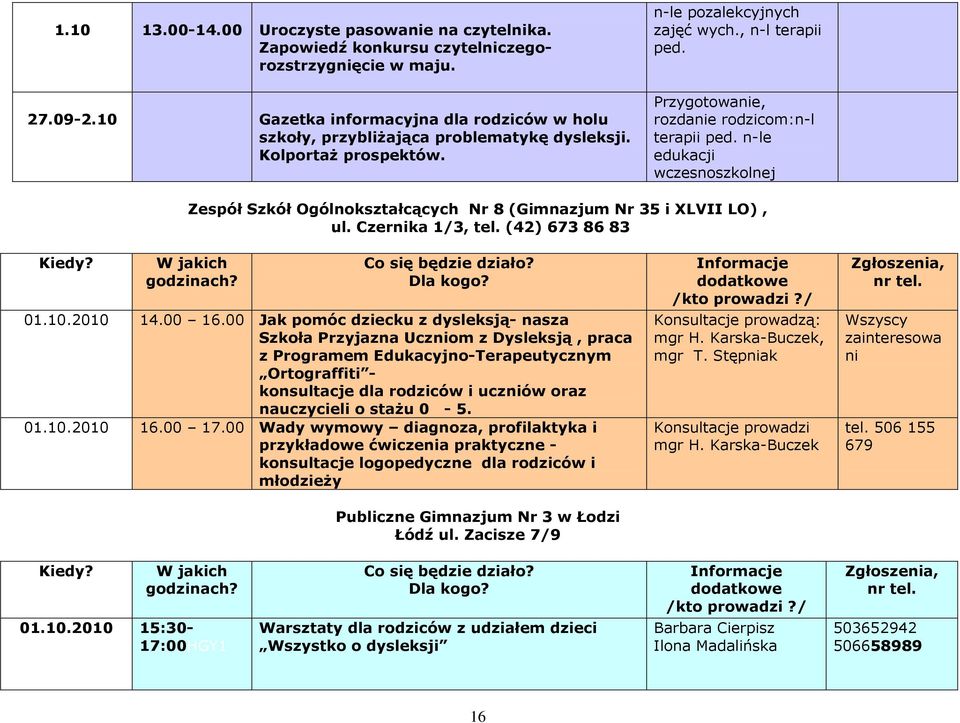 Przygotowanie, rozdanie rodzicom:n-l terapii ped. n-le edukacji wczesnoszkolnej Zespół Szkół Ogólnokształcących Nr 8 (Gimnazjum Nr 35 i XLVII LO), ul. Czernika 1/3, tel. (42) 673 86 83 01.10.2010 14.