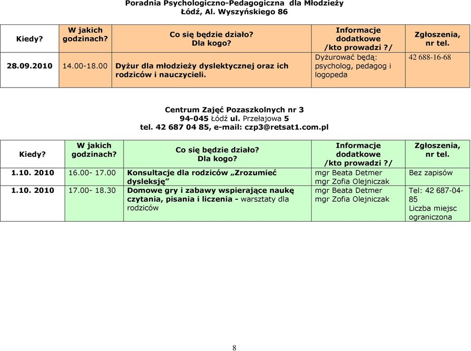 Dyżurować będą: psycholog, pedagog i logopeda 42 688-16-68 Centrum Zajęć Pozaszkolnych nr 3 94-045 Łódź ul. Przełajowa 5 tel. 42 687 04 85, e-mail: czp3@retsat1.