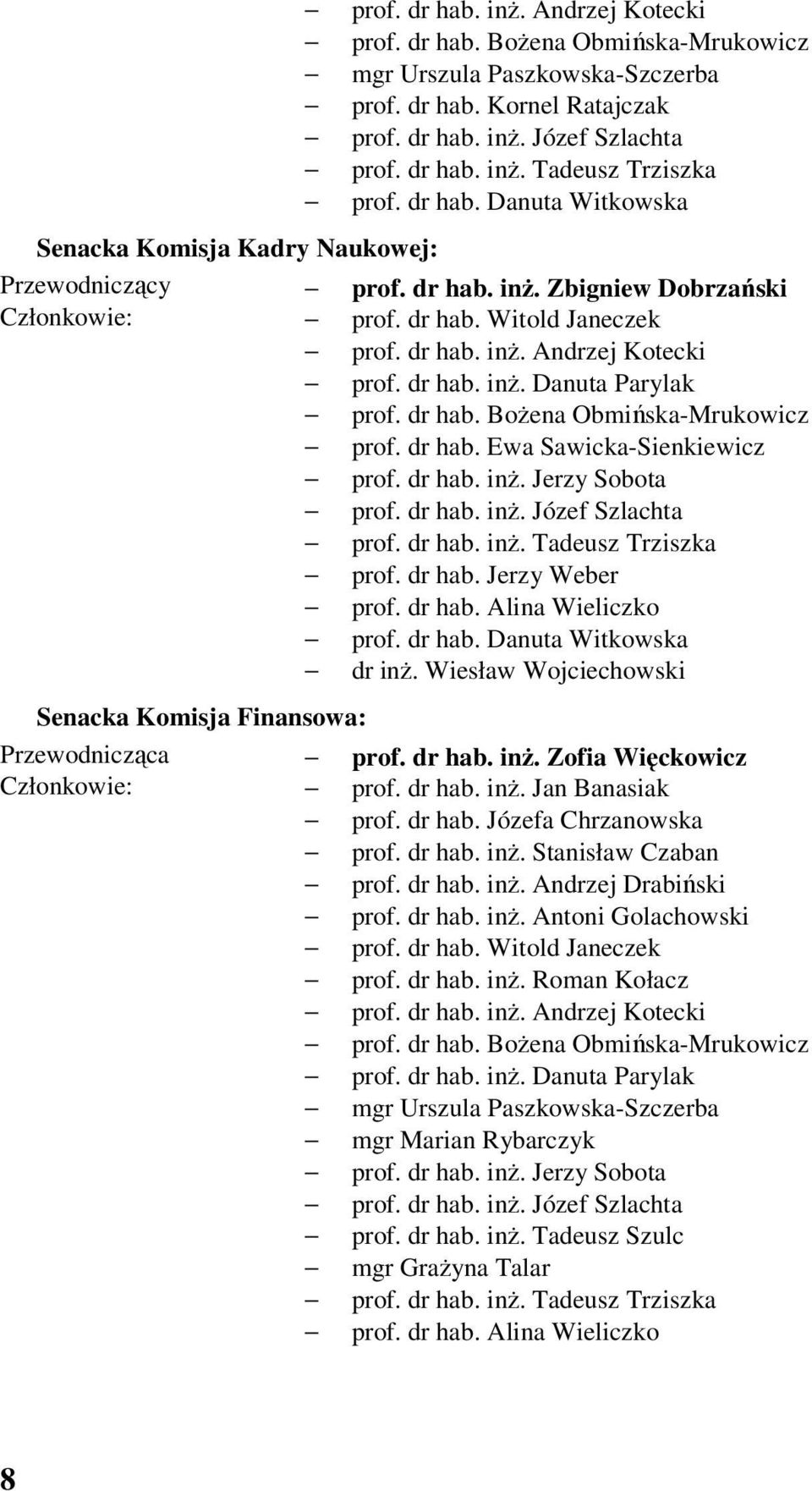 dr hab. inż. Danuta Parylak prof. dr hab. Bożena Obmińska-Mrukowicz prof. dr hab. Ewa Sawicka-Sienkiewicz prof. dr hab. inż. Jerzy Sobota prof. dr hab. inż. Józef Szlachta prof. dr hab. inż. Tadeusz Trziszka prof.