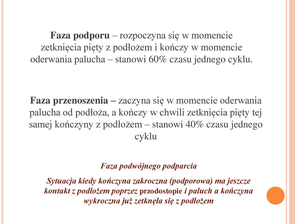 Faza przenoszenia zaczyna się w momencie oderwania palucha od podłoża, a kończy w chwili zetknięcia pięty tej samej