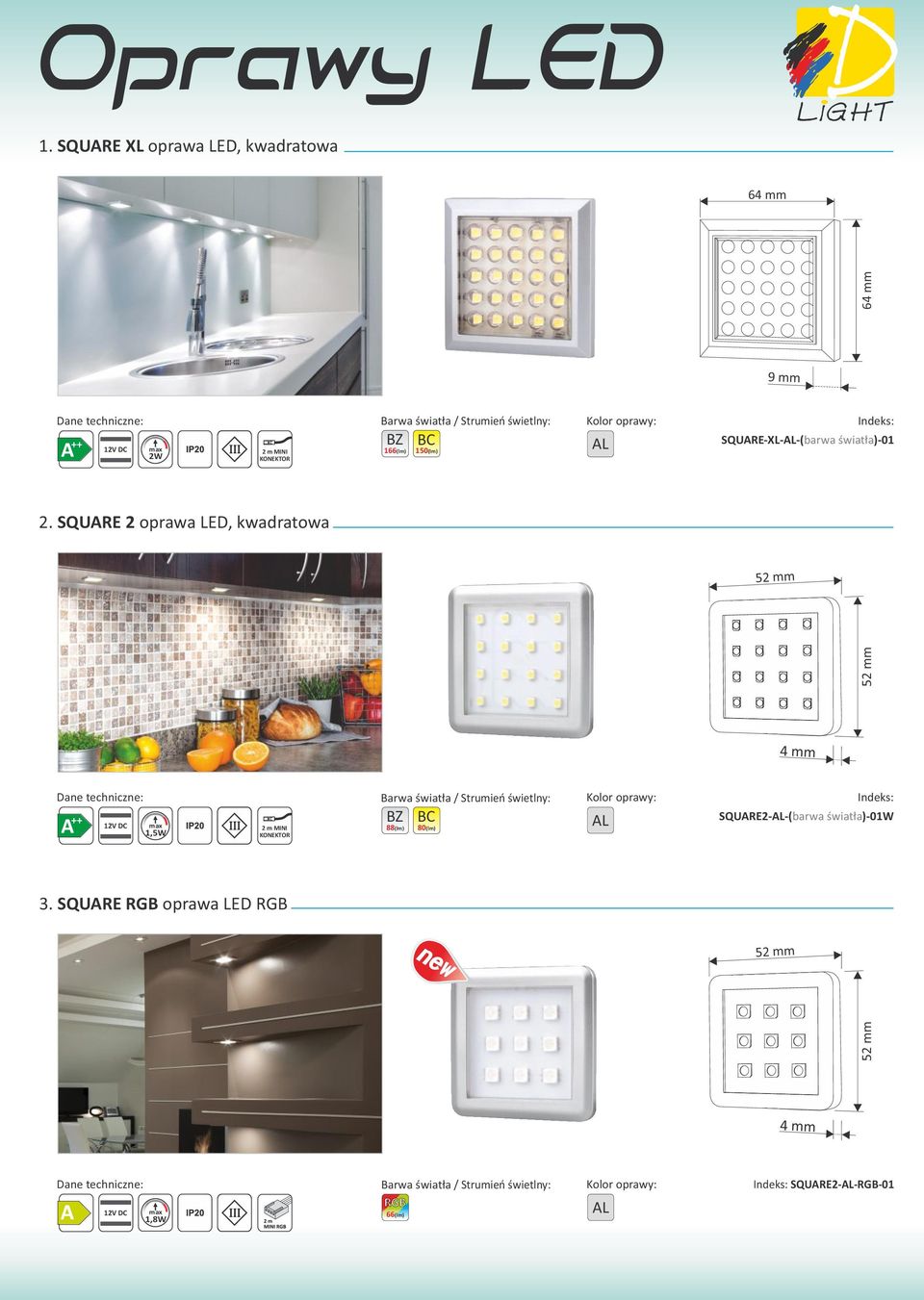 SQUARE 2 oprawa LED, kwadratowa 5m 5m 4 mm 1,5W MINI 88(lm) 80(lm) Indeks: